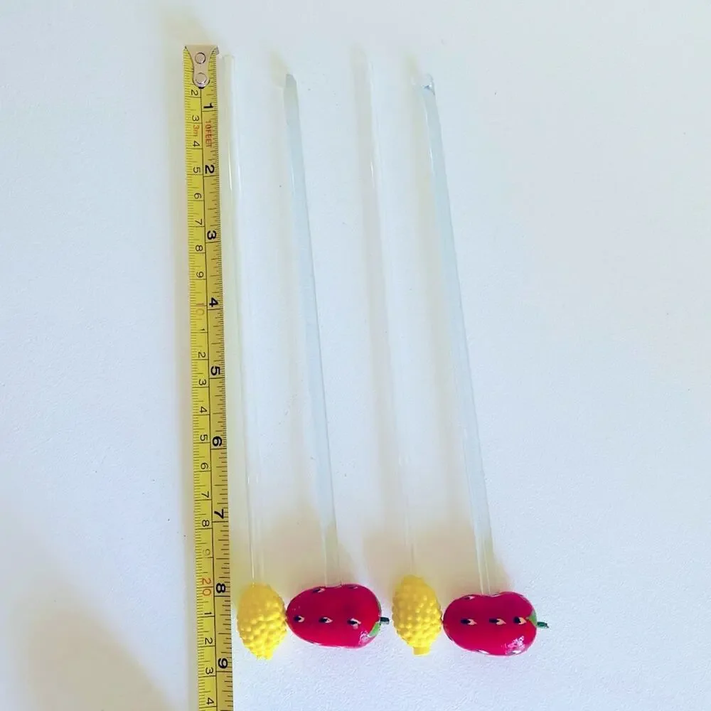Vtg Glass Swizzle Sticks Paper Mache Strawberry Pineapple Stirrers Blown Glass